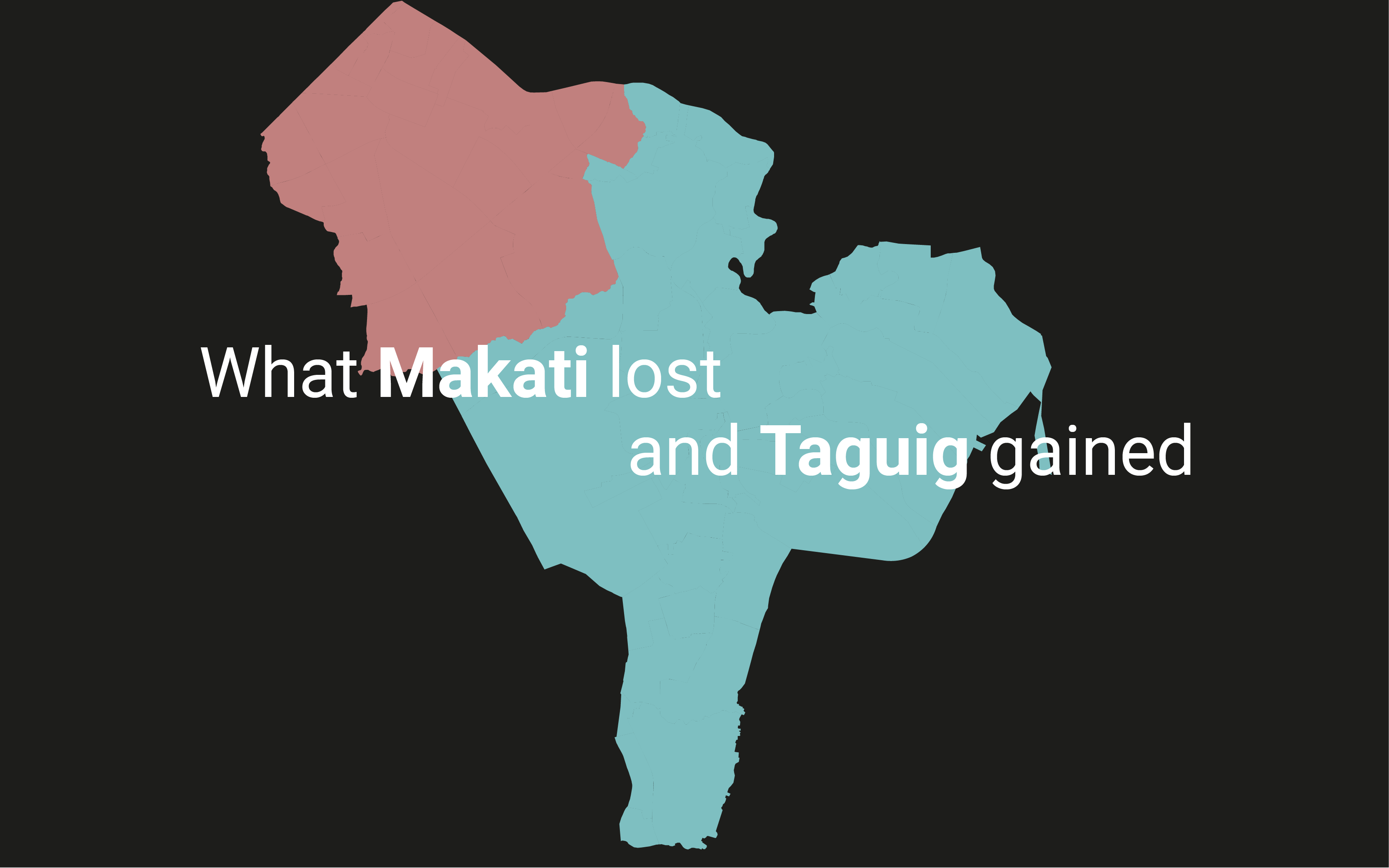 A title page cover that reads 'What Makati lost and Taguig gained' over a map of the two localities in Metro Manila in the Philippines.